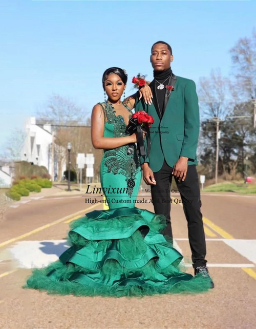 Load image into Gallery viewer, Emerald Spark: Custom Green Diamond Ruffle Prom Gown
