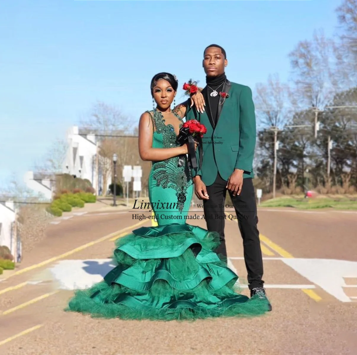 Emerald Spark: Custom Green Diamond Ruffle Prom Gown