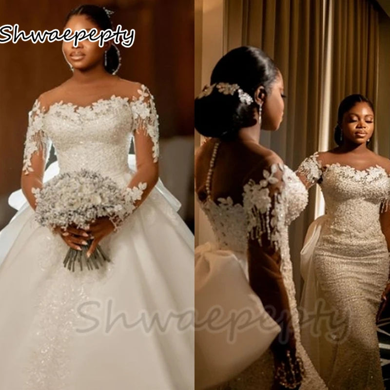 2-in-1 Sequined Mermaid Wedding Dress – Detachable Skirt, Illusion Sleeves & Bow Back African Bridal Gown