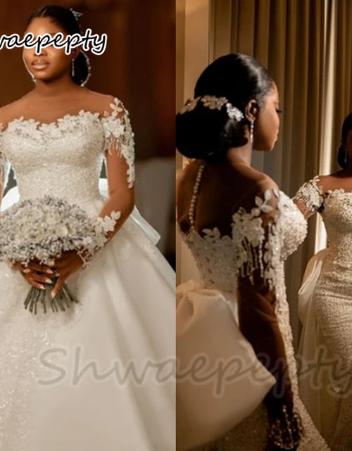 Load image into Gallery viewer, 2-in-1 Sequined Mermaid Wedding Dress – Detachable Skirt, Illusion Sleeves &amp; Bow Back African Bridal Gown
