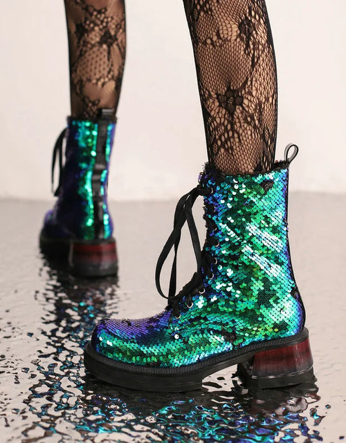 Load image into Gallery viewer, Sparkle &amp; Comfort: Sequined Platform Ankle Boots with Square Heels
