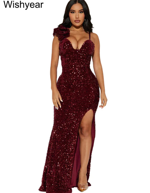 Load image into Gallery viewer, Sexy Sequin Strap Cocktail Prom Dress with Slit Leg – Luxury Padded Evening Gown for Parties &amp; Weddings
