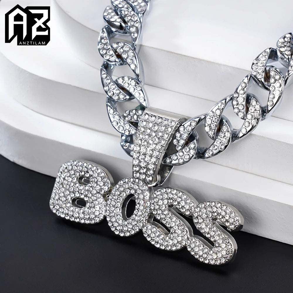 BOSS Cuban Chain Necklace – Bling Letter Choker for Hip Hop & Goth Style