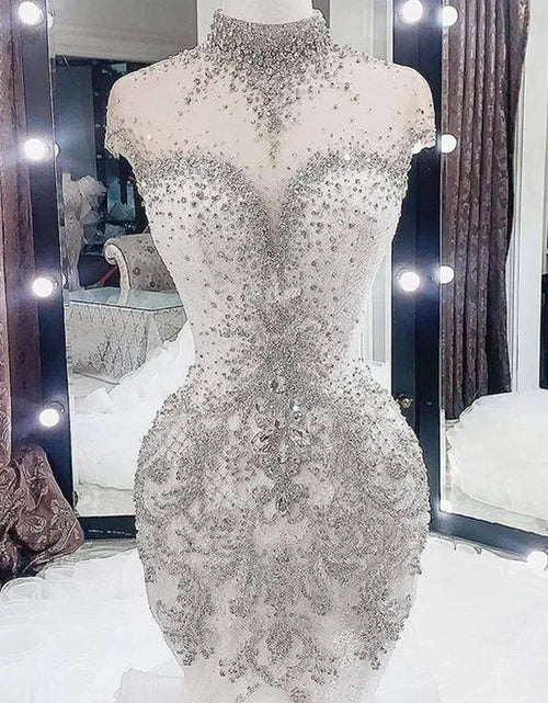 Load image into Gallery viewer, Luxurious High-Neck Beaded Crystal Wedding Dress – Arabic Aso Ebi Ruffled Bridal Gown
