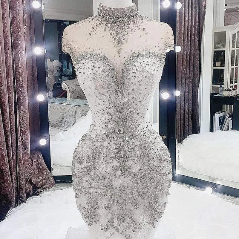 Luxurious High-Neck Beaded Crystal Wedding Dress – Arabic Aso Ebi Ruffled Bridal Gown