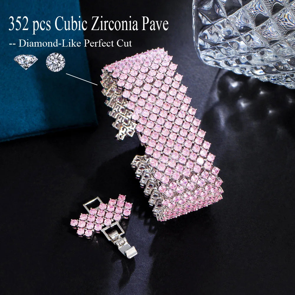 Shining Pink Cubic Zirconia Silver Color Large Wide Link Chain Bracelet – Luxury Bridal & Party Jewelry