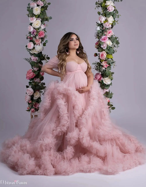 Load image into Gallery viewer, Ruffled Off-Shoulder Maternity Photoshoot &amp; Baby Shower Dress
