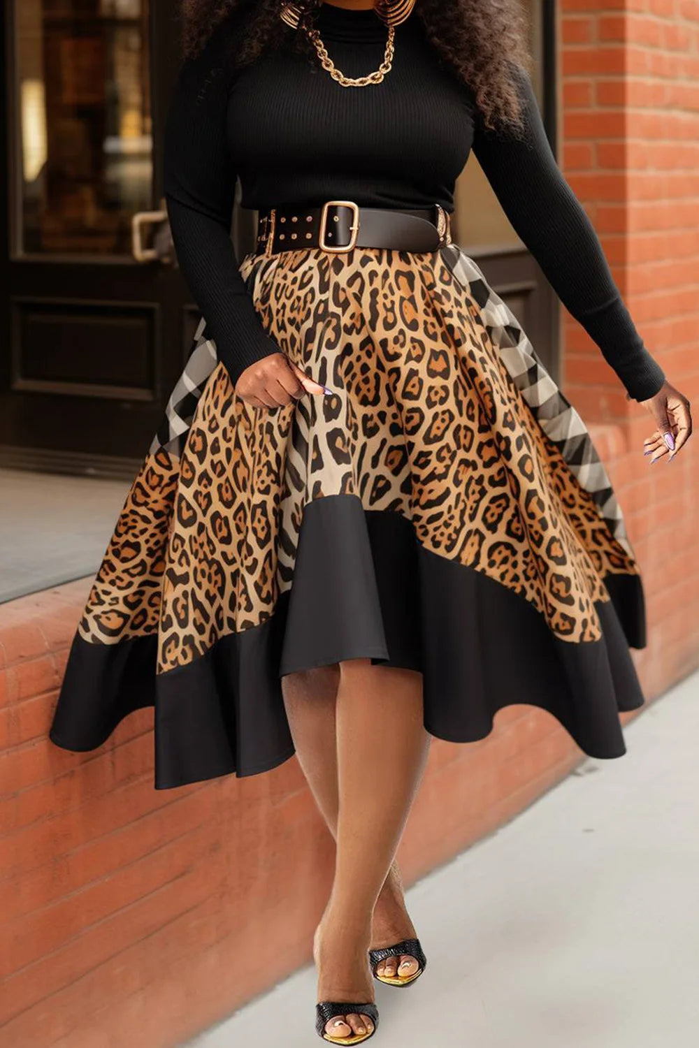 Plus Size Black Leopard Knitted Midi Dress – Elegant Fall & Winter Party Look