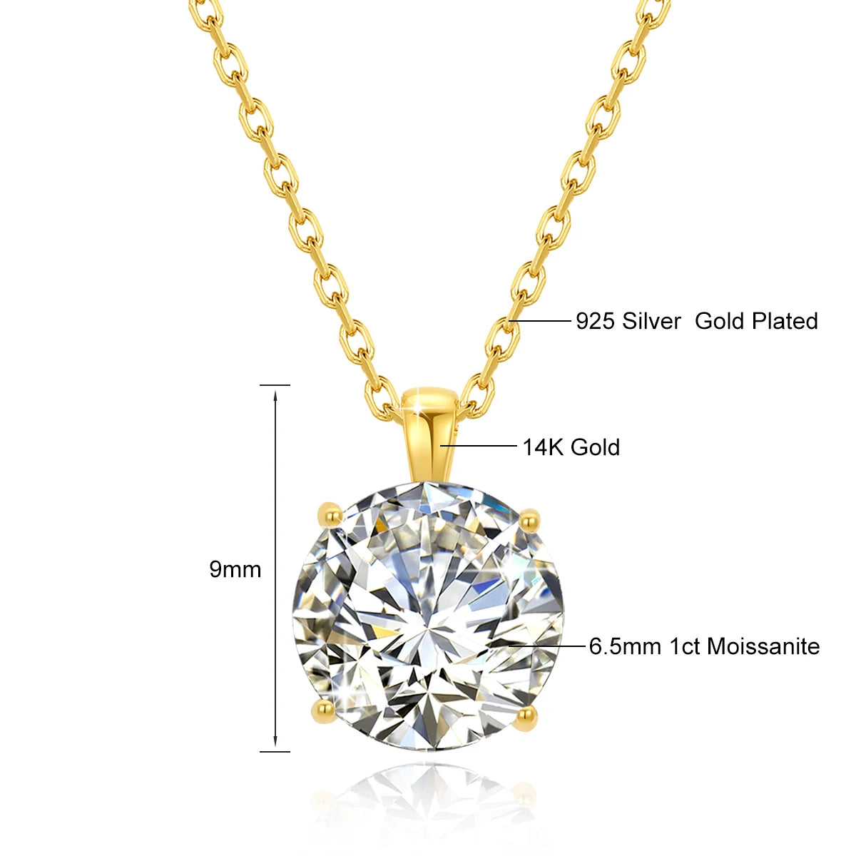 14K Gold Moissanite Necklace – 1.0ct D Color Certified Luxury Pendant for Women