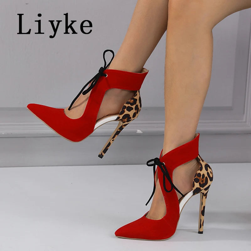 Sexy Red Lace-Up Slingback High Heels – Leopard Print Pumps for Summer Parties & Proms