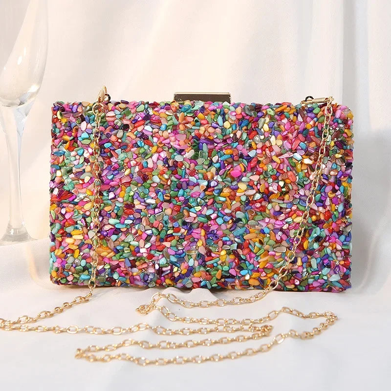 Luxury Colorful Stone Evening Bag – Designer Wedding & Party Crossbody with Chain Wallet