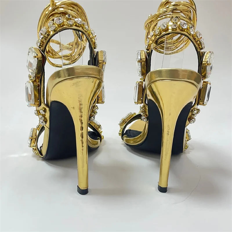 Luxury Gold Ankle Strap Sandals – Crystal Diamond Stripper Heels for Weddings & Nightclubs