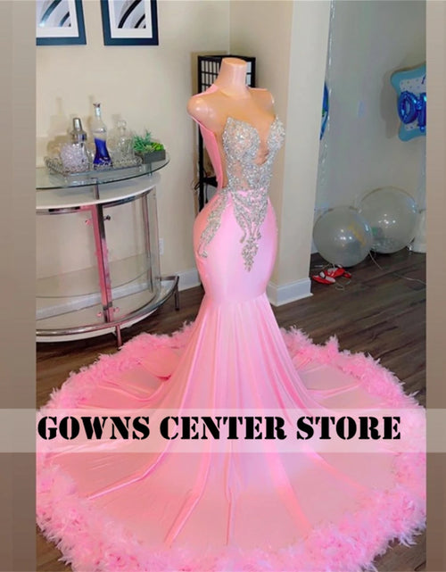 Load image into Gallery viewer, Pink Luxe: Sweety Feathered Mermaid Gown with Silver Crystals
