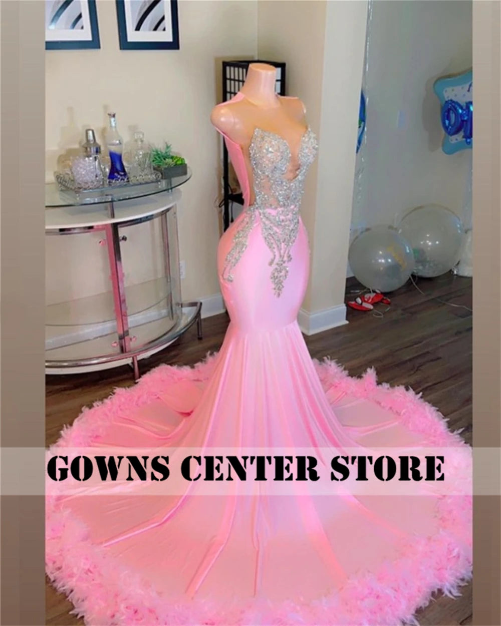 Pink Luxe: Sweety Feathered Mermaid Gown with Silver Crystals