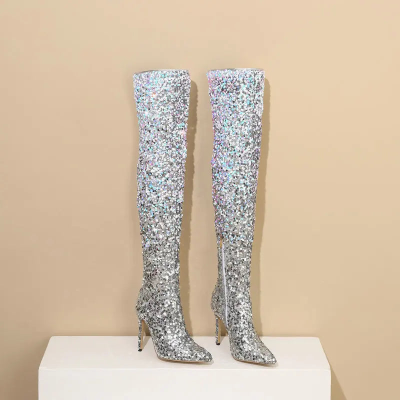 Shimmer & Stride: Gradient Sequin Over-the-Knee Boots with 11CM Heels