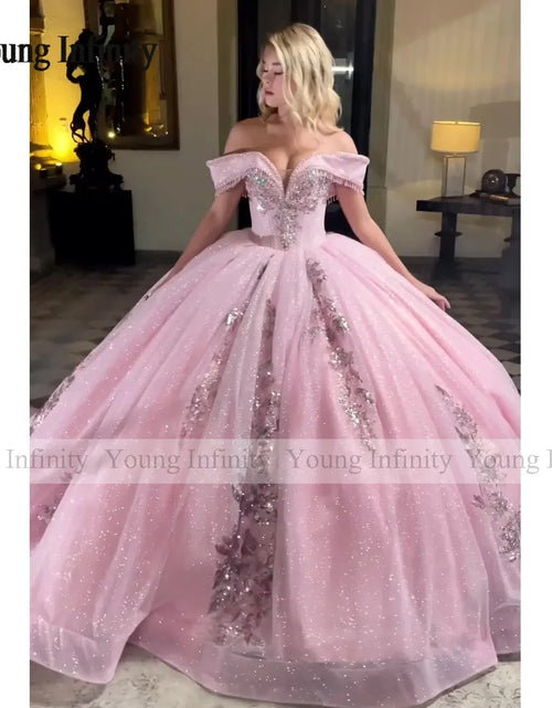 Load image into Gallery viewer, Princess in Bloom: Luxury Pink Off-Shoulder Quinceañera Ball Gown
