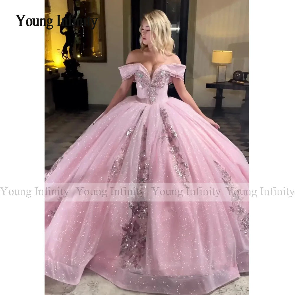 Princess in Bloom: Luxury Pink Off-Shoulder Quinceañera Ball Gown