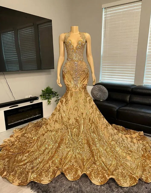 Load image into Gallery viewer, Gold Sparkly Trumpet Evening Gown – Luxury Glitter Diamond Prom
