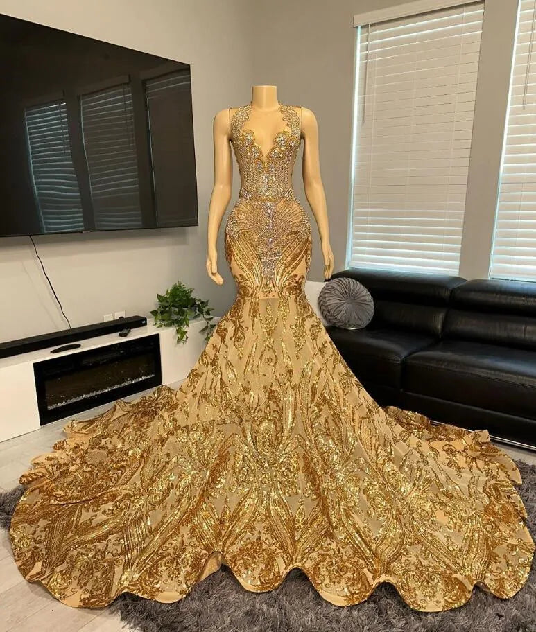 Gold Sparkly Trumpet Evening Gown – Luxury Glitter Diamond Prom