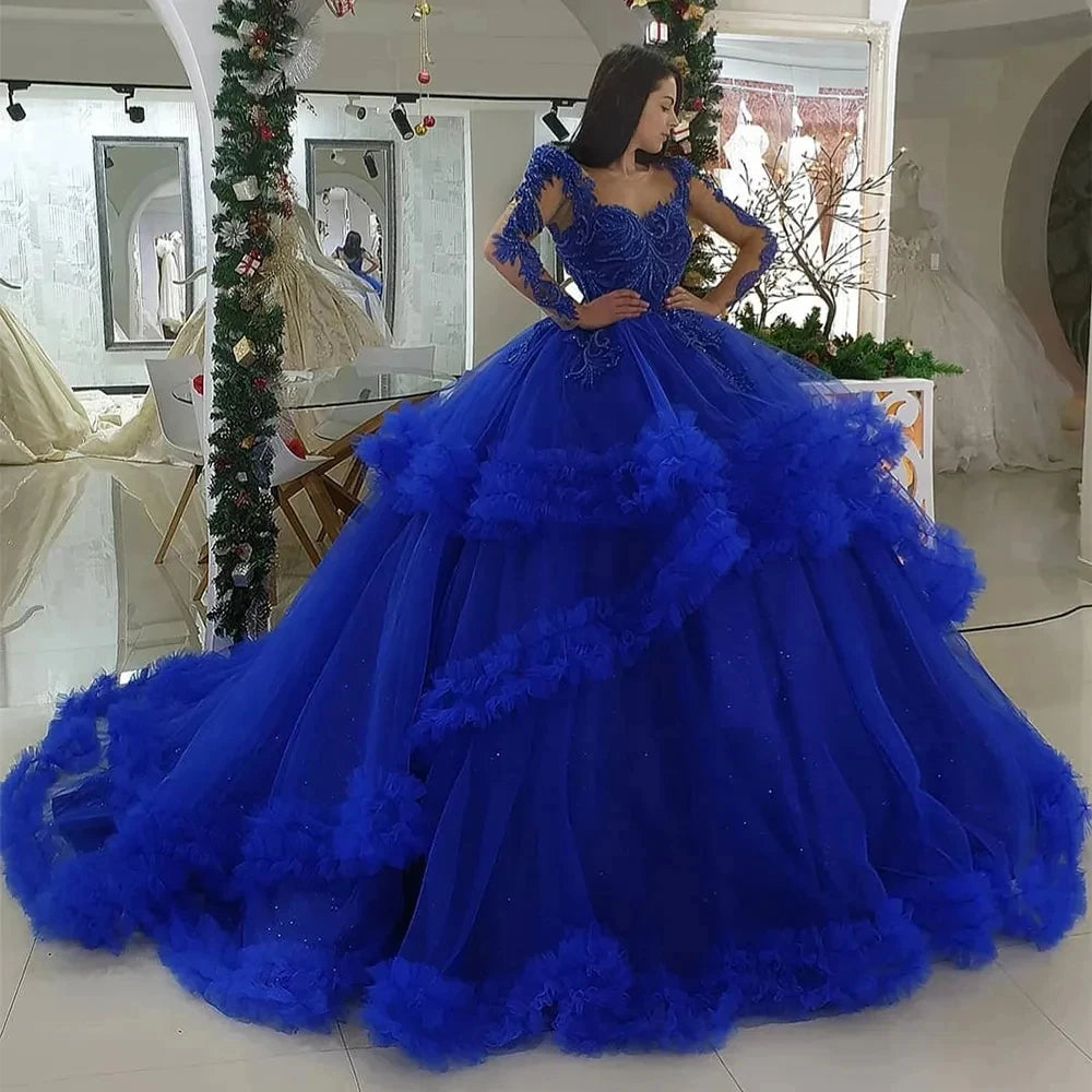 Majestic Elegance: Luxury Royal Blue Quinceañera Princess Ball Gown with Crystal Beading