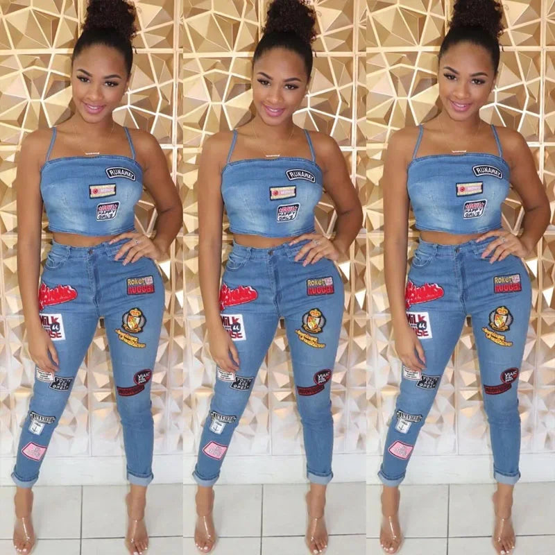 Sexy Denim Two-Piece Set – Women’s Crop Top and Pants Matching Outfit