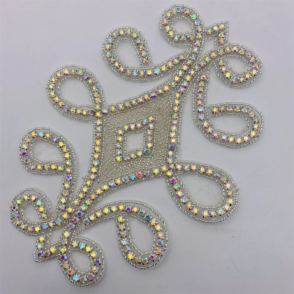 AB Silver Rhinestone Flower Applique – Elegant Iron-On/Sew-On Decoration for Wedding Dresses & Clothes