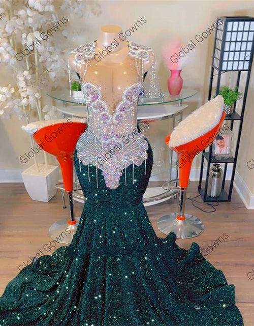 Load image into Gallery viewer, Sheer Crystal Tassel Prom Dress – Custom Sequined Birthday &amp; Evening Gown
