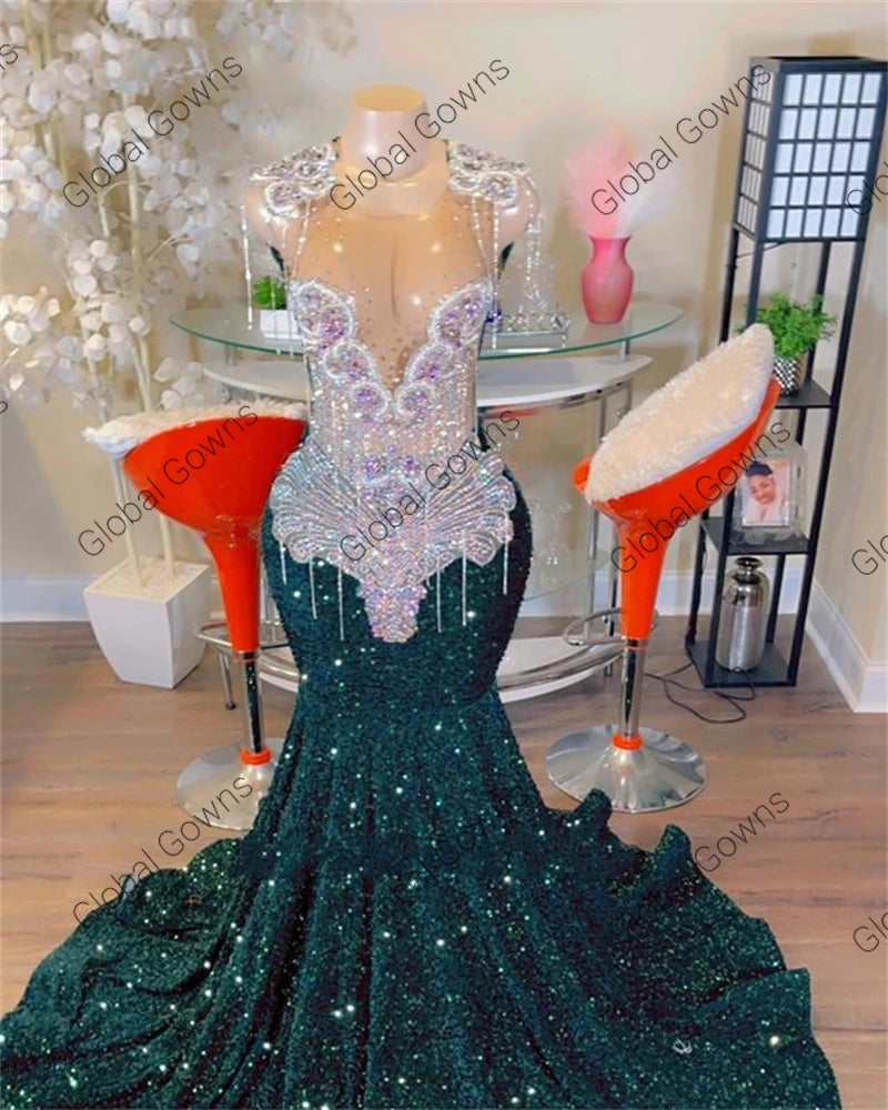 Sheer Crystal Tassel Prom Dress – Custom Sequined Birthday & Evening Gown