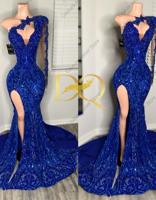 Load image into Gallery viewer, Regal Sparkle: Royal Blue One-Shoulder Crystal Mermaid Gown
