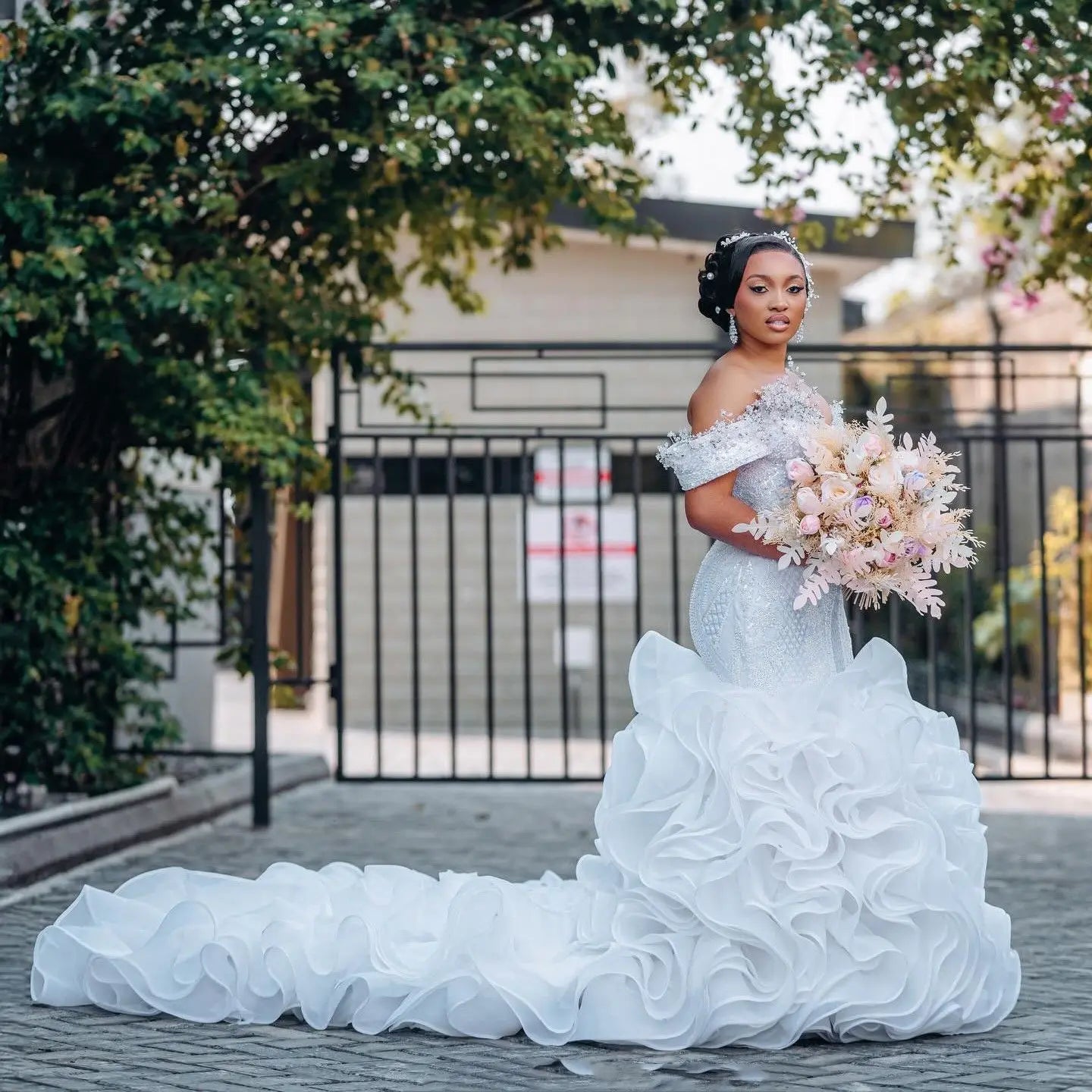 Luxurious Arabic Aso Ebi Mermaid Wedding Dress – Beaded Crystal Tiered Bridal Gown