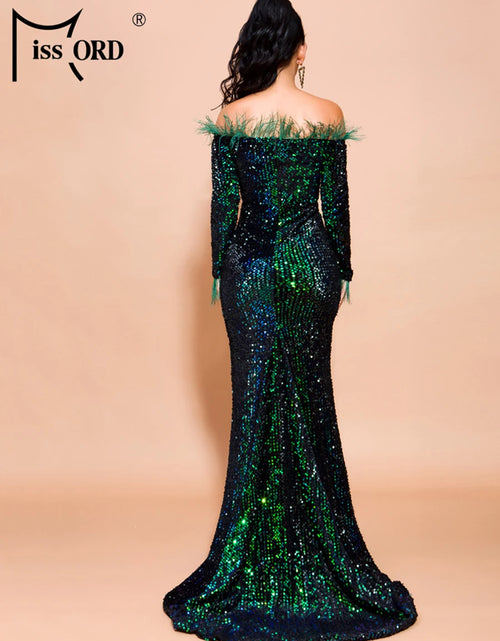 Load image into Gallery viewer, Glamour Redefined: Sequin Off-Shoulder Feather Detail Mermaid Evening Gown
