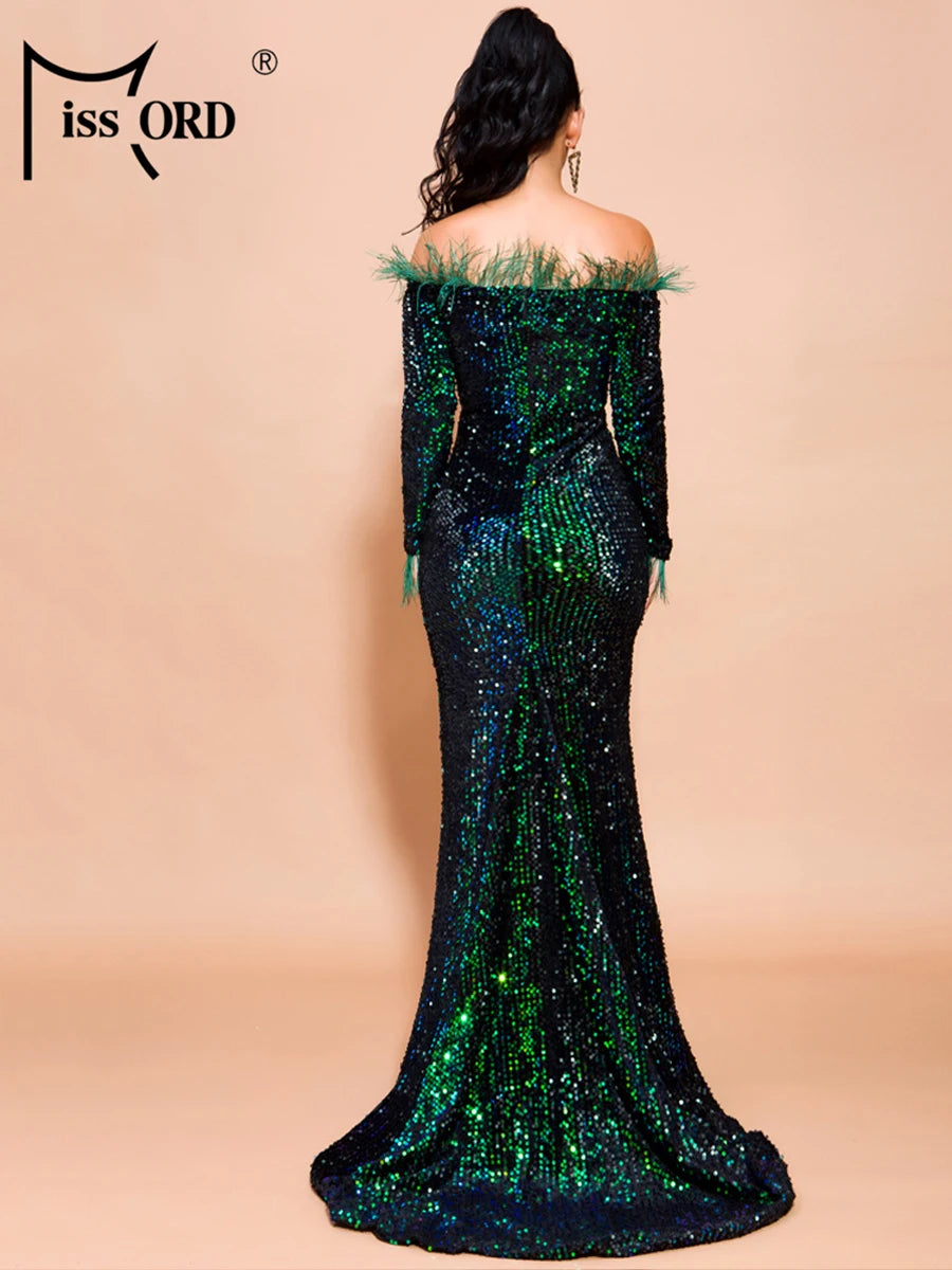 Glamour Redefined: Sequin Off-Shoulder Feather Detail Mermaid Evening Gown