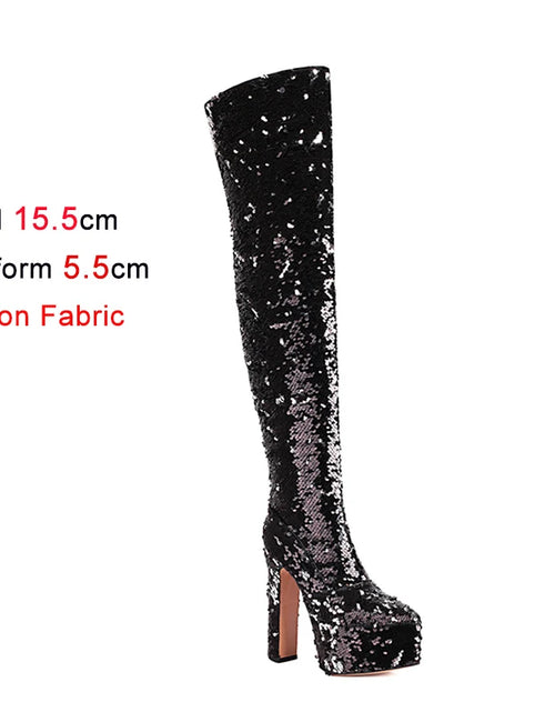 Load image into Gallery viewer, Showstopper: Sequin Over-the-Knee Platform Boots with High Heels
