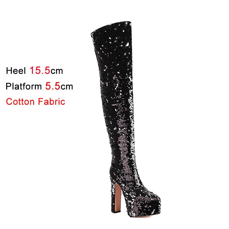 Showstopper: Sequin Over-the-Knee Platform Boots with High Heels