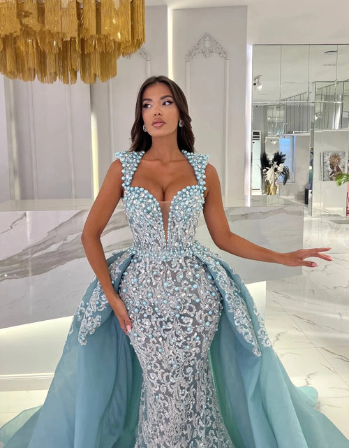 Load image into Gallery viewer, Luxury Pearl Beaded Evening Gown with Detachable Train – Custom Illusion Prom Dress
