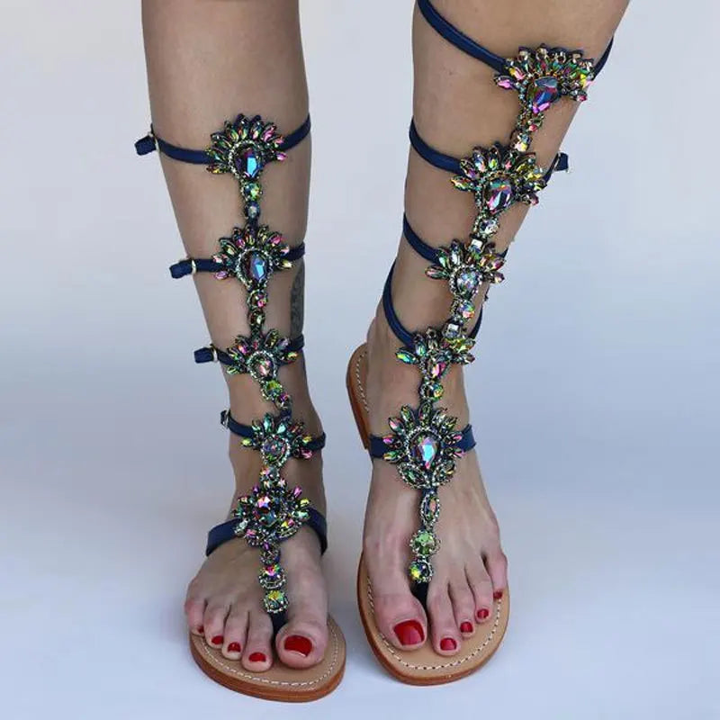 Boho Glam: Rhinestone Knee-High Sandal Boots for Effortless Summer Elegance