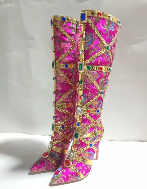 Load image into Gallery viewer, Vibrant Elegance: Colorful Rhinestone Embroidered Mid-Length Ethnic Boots
