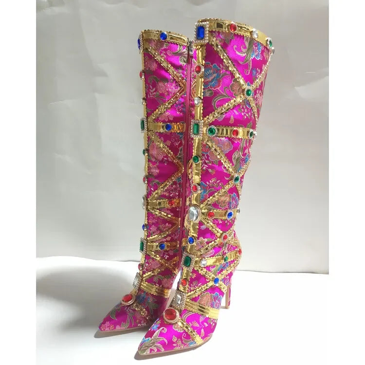 Vibrant Elegance: Colorful Rhinestone Embroidered Mid-Length Ethnic Boots