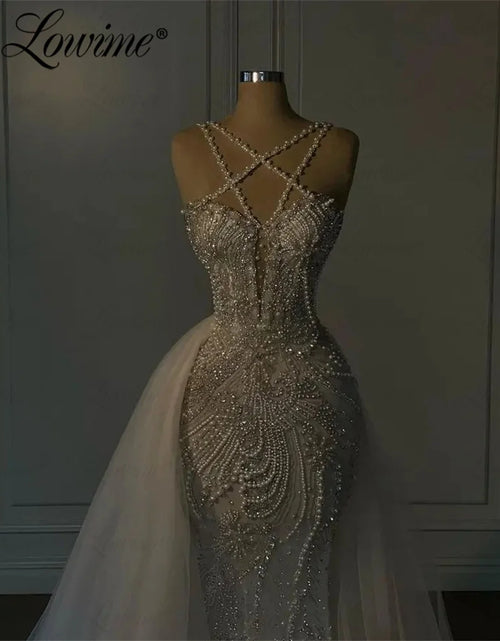 Load image into Gallery viewer, Ivory White Spaghetti Strap Wedding Dress – Pearl &amp; Crystal Beaded Mermaid Bridal Gown
