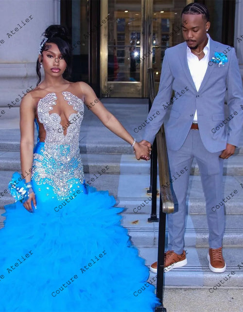 Load image into Gallery viewer, Regal Elegance: Blue Tulle Ruched Prom Dress with Crystal Beaded Train
