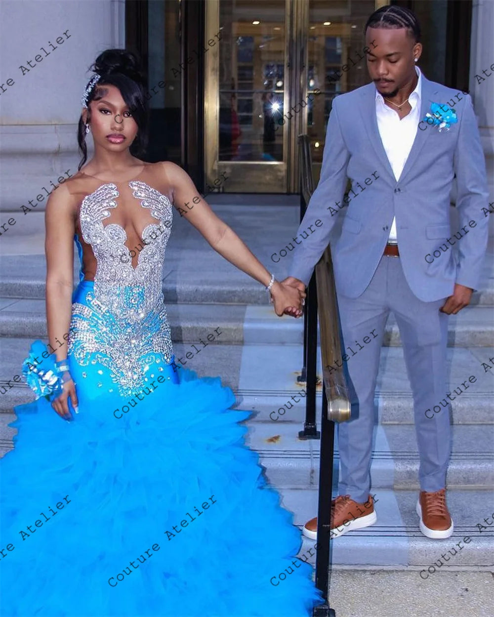 Regal Elegance: Blue Tulle Ruched Prom Dress with Crystal Beaded Train