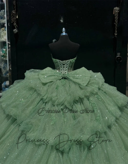 Load image into Gallery viewer, Mint Dream: Elegant Sparkly Quinceañera Ball Gown with 3D Floral Appliques
