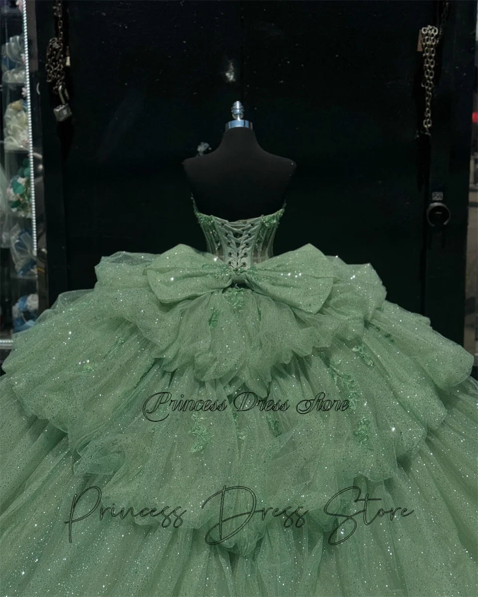 Mint Dream: Elegant Sparkly Quinceañera Ball Gown with 3D Floral Appliques