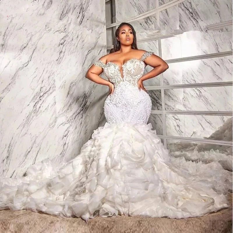 Luxury Mermaid Wedding Dress with Ruffle Train South Africa Lace Appliques Crystals Beaded Bridal Gowns