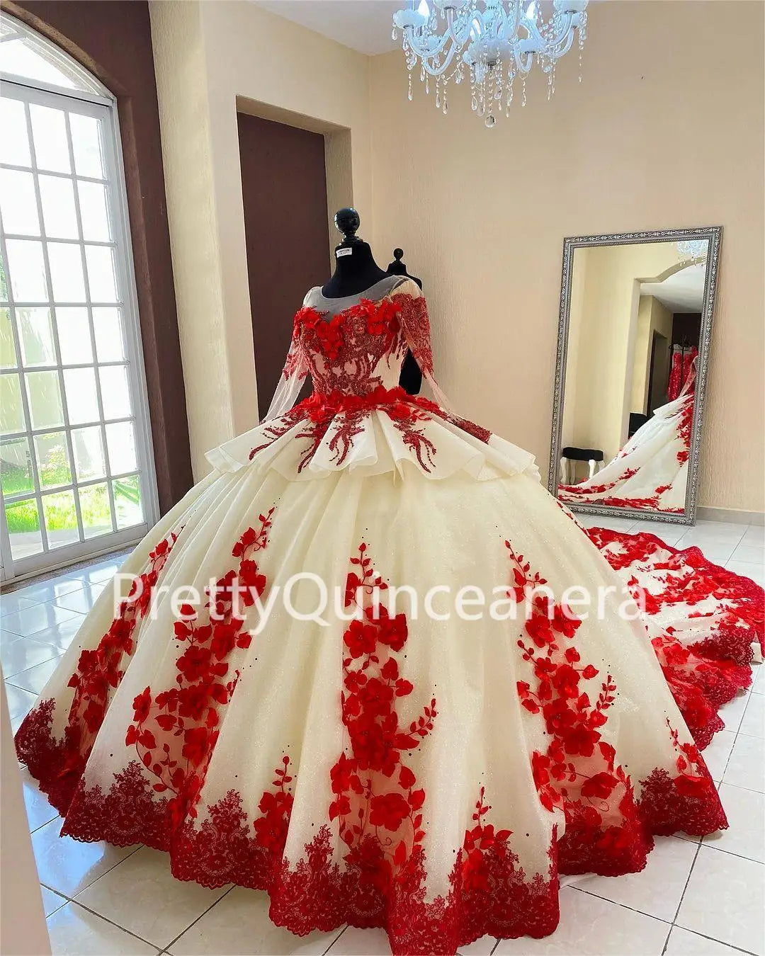 Regal Bloom: Champagne & Red Tiered Quinceañera Ball Gown with 3D Flowers and Train