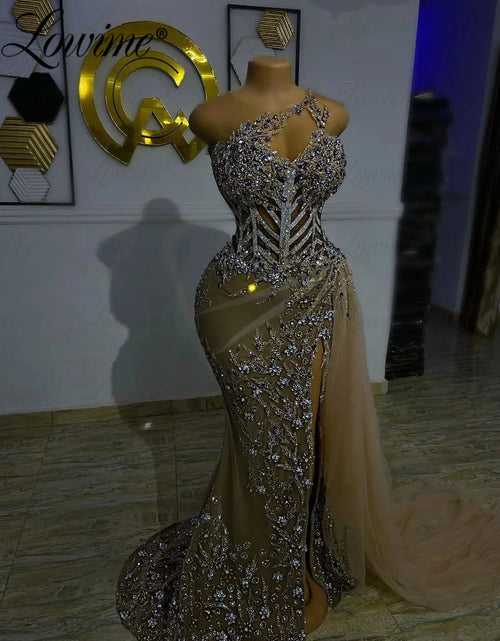 Load image into Gallery viewer, Luxury See-Through Crystal Beaded Evening Gown – High-Slit Customized Party Dress for Weddings
