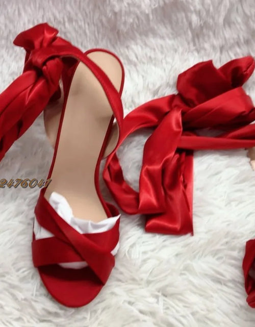 Load image into Gallery viewer, Satin Bowtie Sandals: Stiletto Heels with Silk Lace-up Elegance
