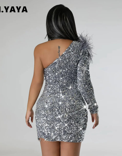 Load image into Gallery viewer, One-Shoulder Feather Sleeve Sequin Bodycon Midi Dress – Elegant Party &amp; Cocktail Dress for Women
