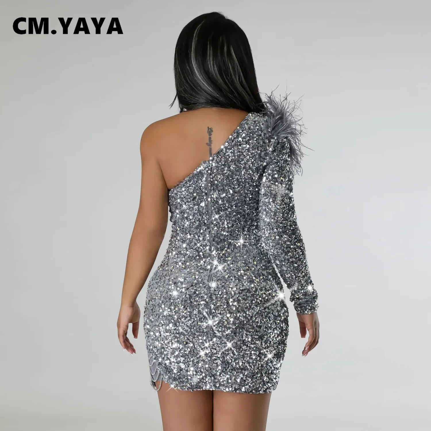 One-Shoulder Feather Sleeve Sequin Bodycon Midi Dress – Elegant Party & Cocktail Dress for Women