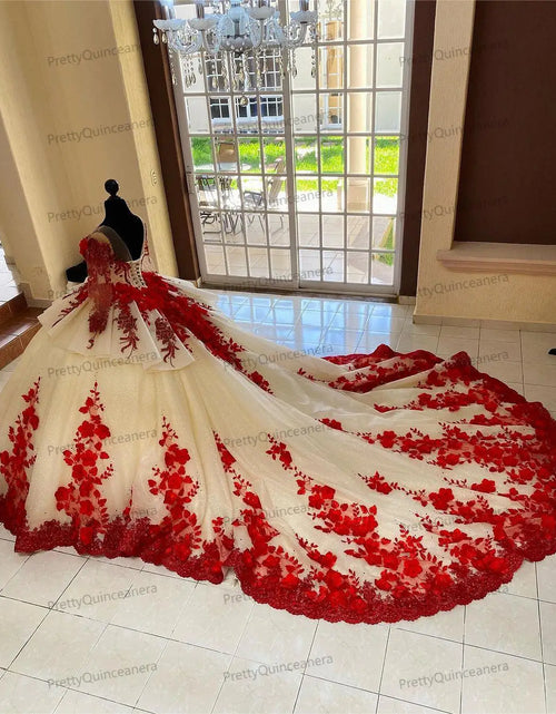 Load image into Gallery viewer, Regal Bloom: Champagne &amp; Red Tiered Quinceañera Ball Gown with 3D Flowers and Train
